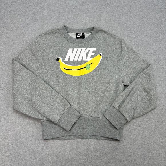 Nike Sweatshirt Kids XS Gray Fleece Banana Swoosh Just Do It Crew Neck Pullover - Picture 1 of 9